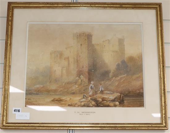 Attributed to Thomas Miles Richardson Jnr (1813-1890), watercolour, Washer woman at a river before a castle,